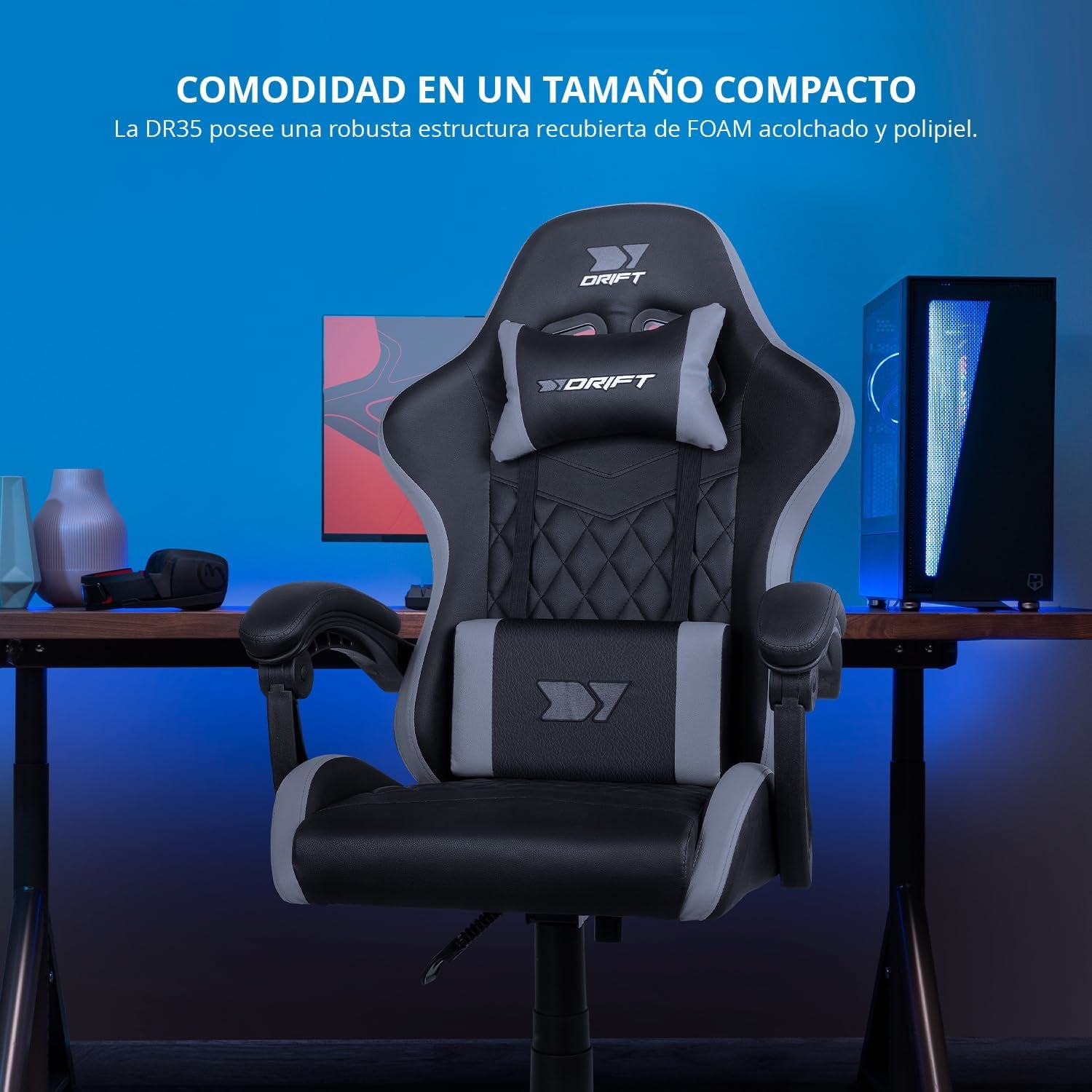 DRIFT GAMING DR35 – Silla Gaming Ergonómica Profesional Con Soporte Lumbar Y Reposabrazos 2D Ajustables, Reclinable 135°, Base Robusta, Ruedas Silenciosas, Tapizado En Cuero Sintético, Negro Y Gris