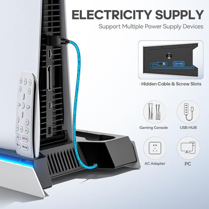 Soporte para PS5/Slim/Pro para discos y consola digital, estación de carga y refrigeración con luces RGB, cargador de mando PS5 con ventilador